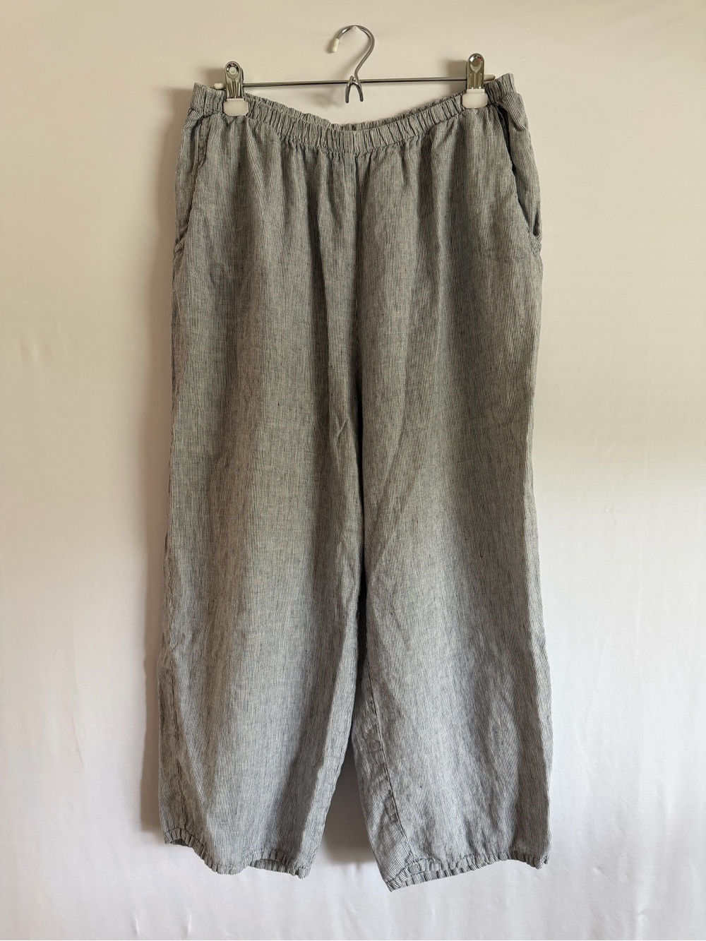 FLAX Pants Womens Large White Black striped Linen Relaxed Wide Leg Boho Casual
